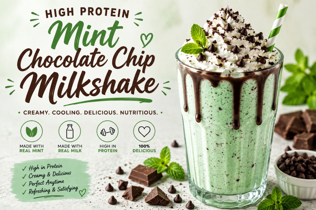 Creamy mint chocolate chip milkshake topped with whipped cream and chocolate chips in a tall glass