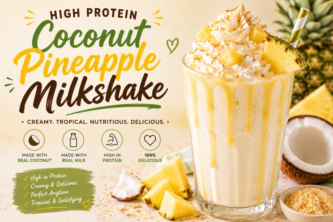 Tropical coconut pineapple milkshake topped with whipped cream and a pineapple slice
