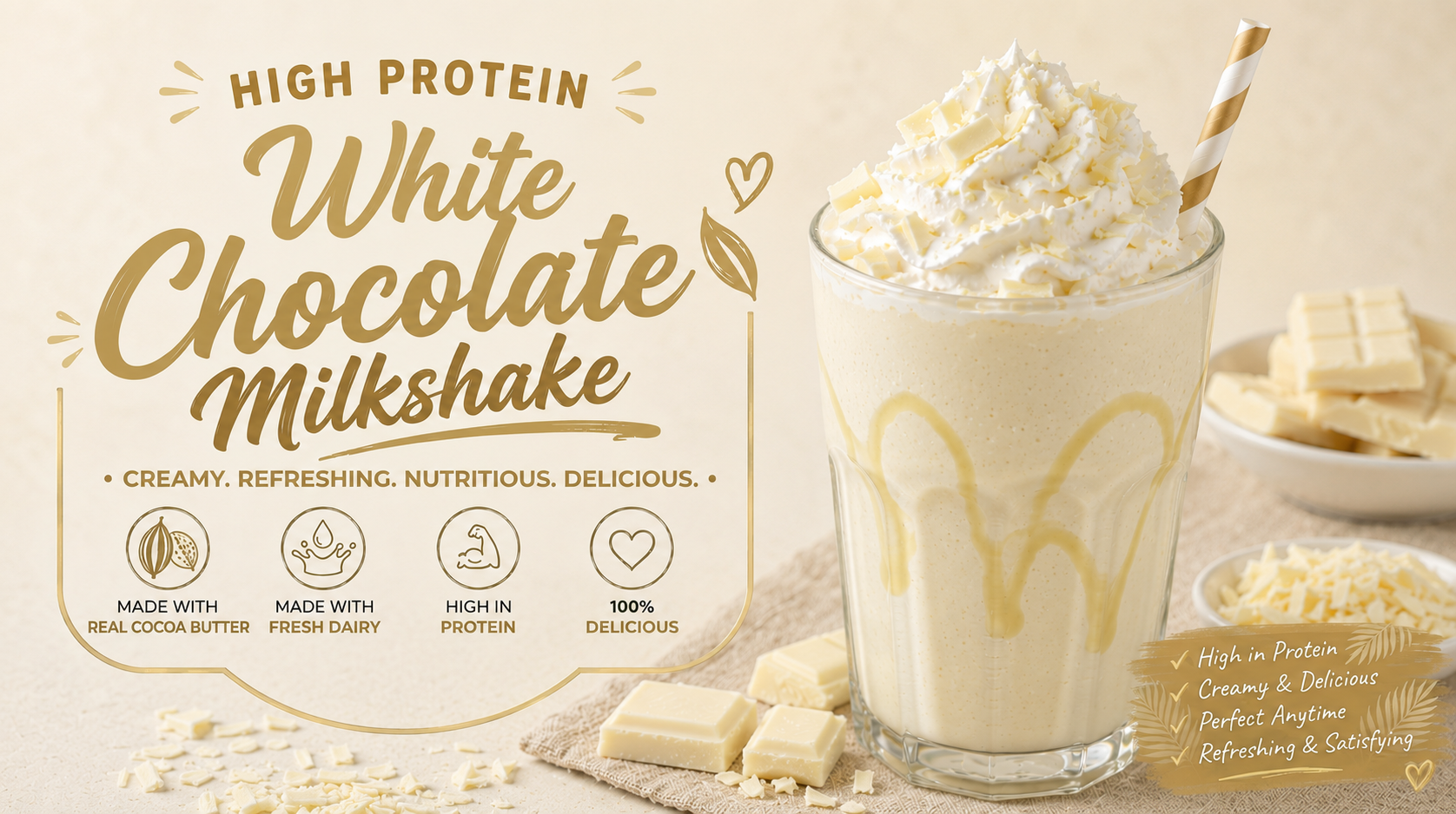 A creamy White Chocolate Milkshake topped with whipped cream and white chocolate shavings in a chilled glass.