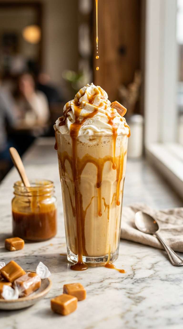 Finished caramel milkshake ready to enjoy