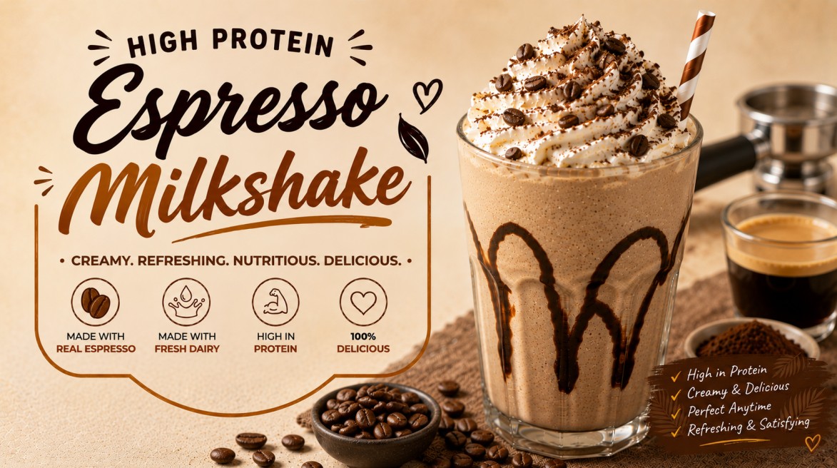 A creamy Espresso Milkshake topped with whipped cream and a dusting of cocoa powder in a chilled glass.