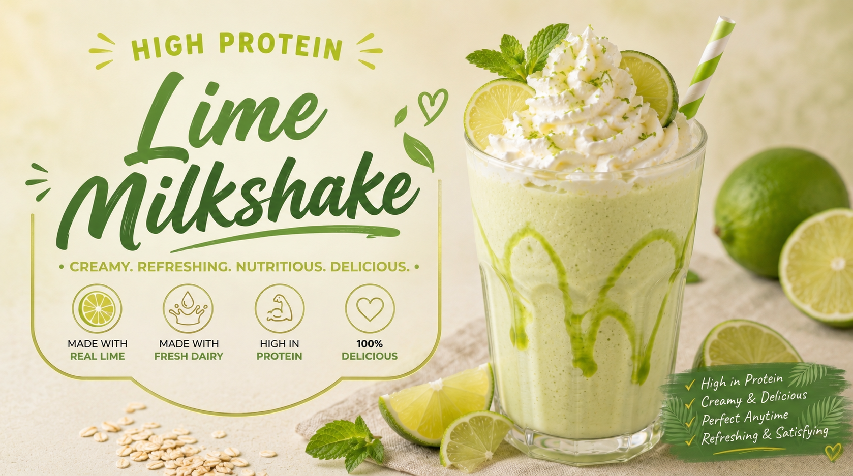 Creamy lime milkshake topped with whipped cream and a fresh lime slice in a chilled glass