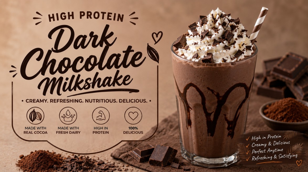 Rich dark chocolate milkshake topped with whipped cream and chocolate shavings in a tall glass