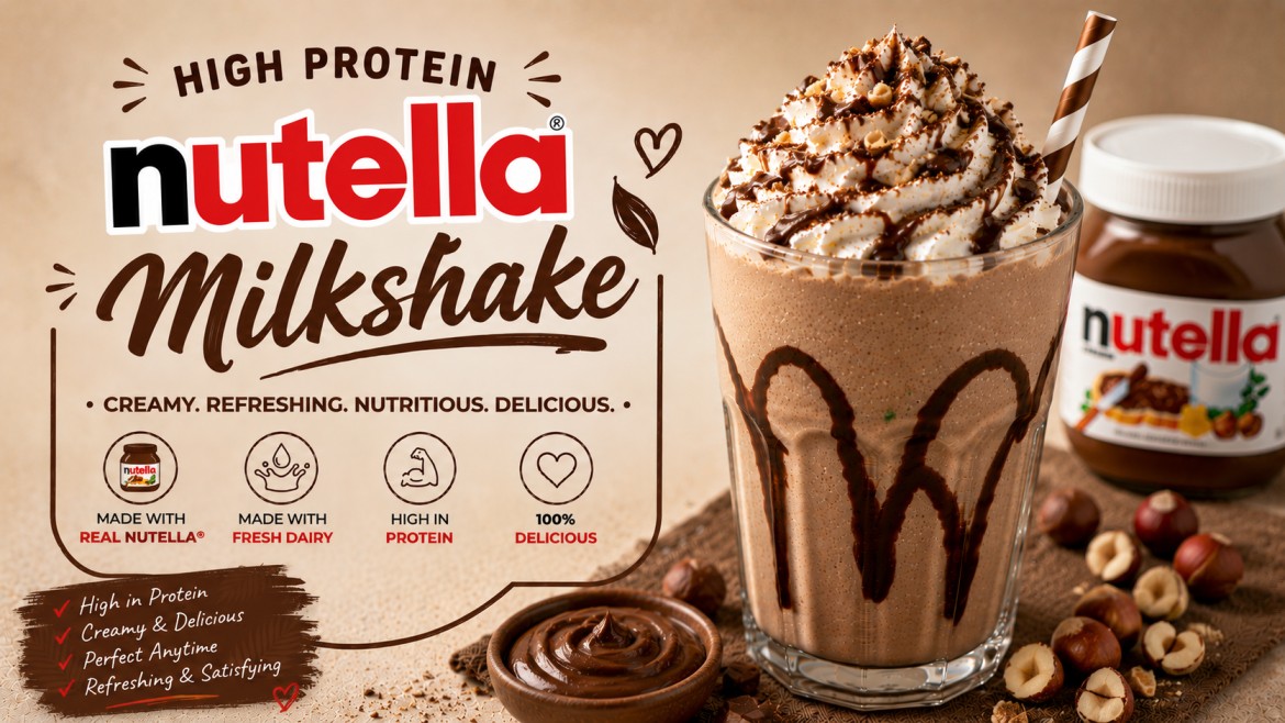 A creamy chocolate hazelnut milkshake topped with whipped cream and a chocolate drizzle in a chilled glass.