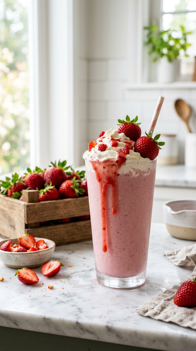 Finished strawberry milkshake ready to enjoy