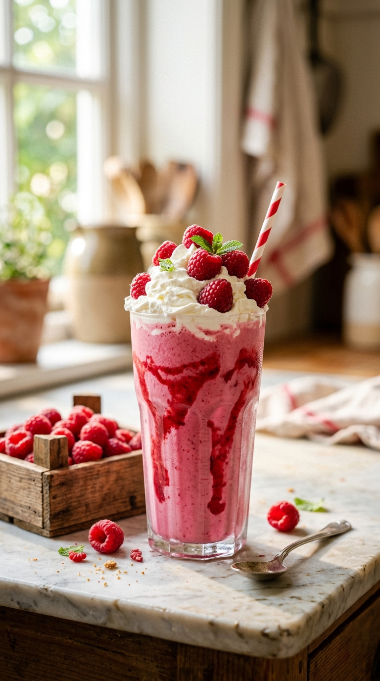 Finished raspberry milkshake ready to enjoy