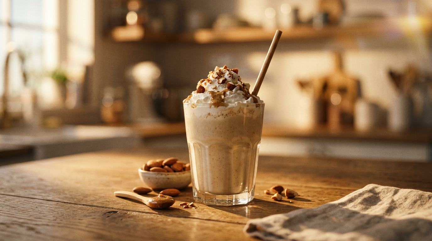 Finished almond butter milkshake ready to enjoy