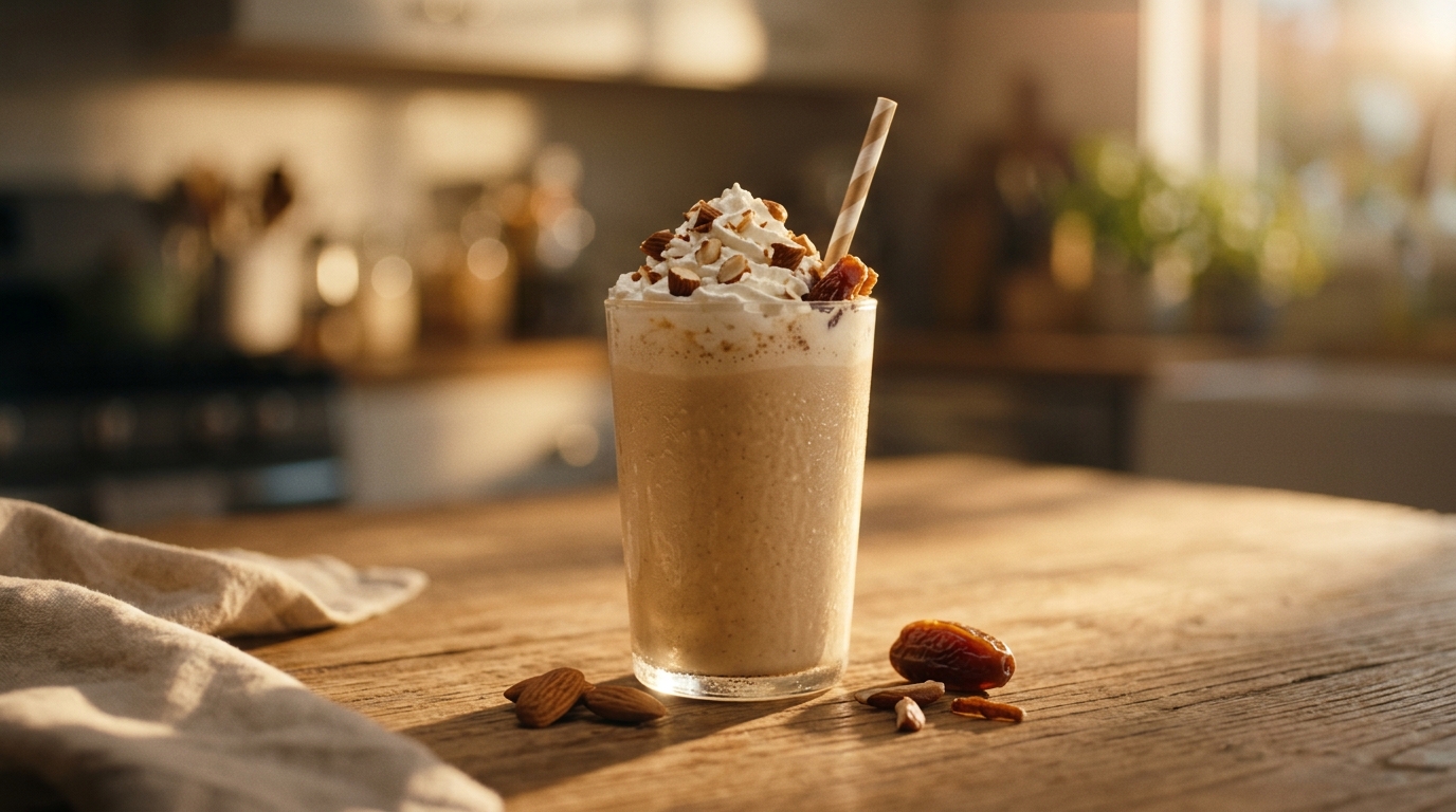 Finished almond date milkshake ready to enjoy