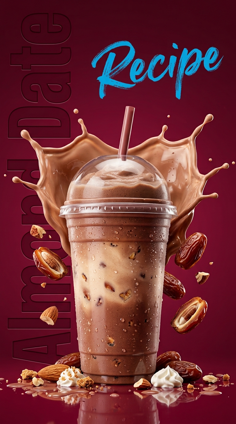 Creamy almond date milkshake topped with chopped almonds in a chilled glass