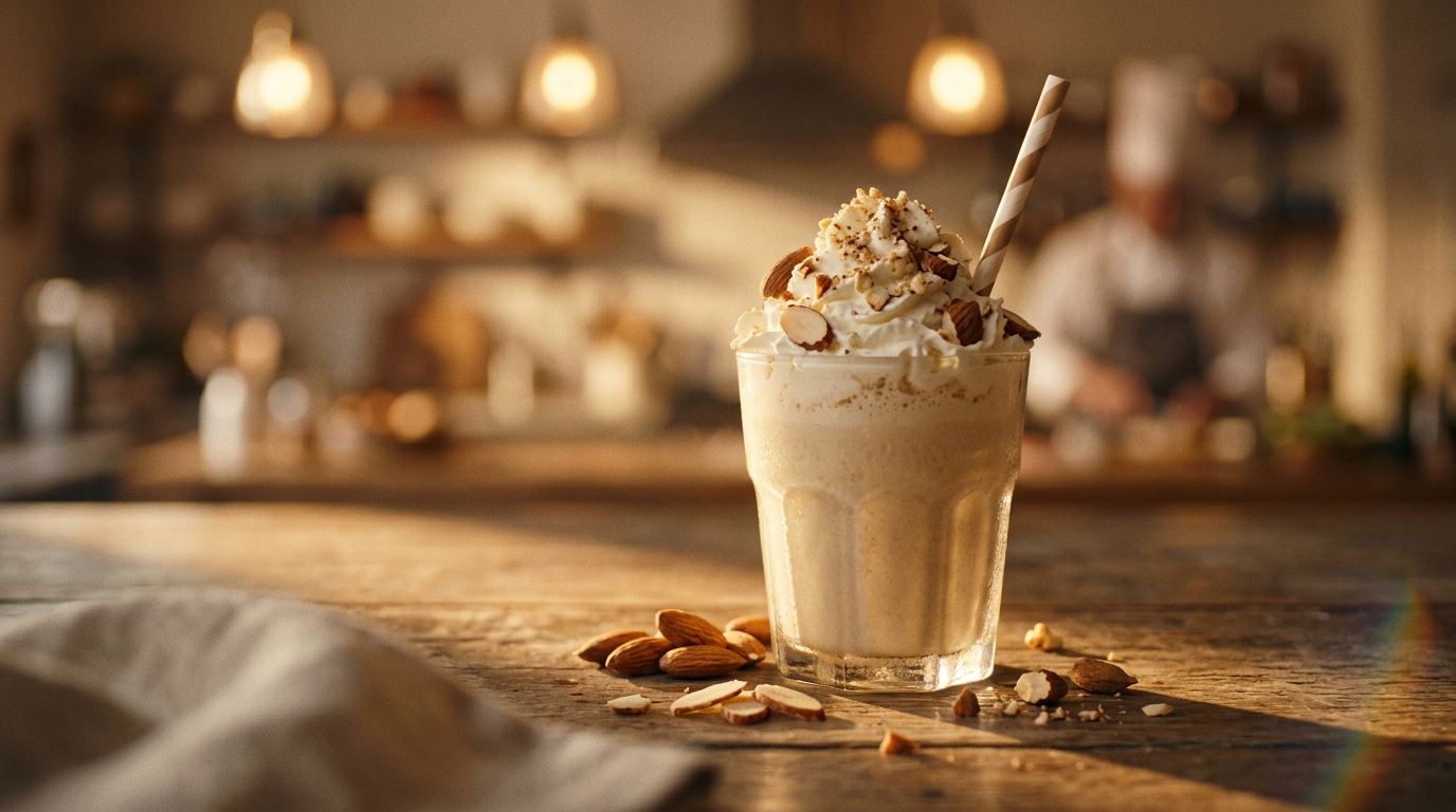 Finished almond milkshake ready to enjoy