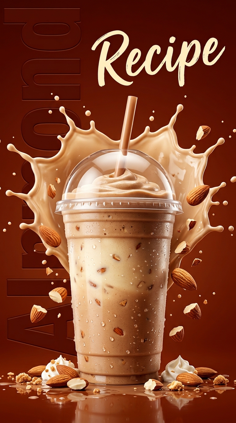 Creamy almond milkshake topped with whipped cream and sliced almonds in a chilled glass