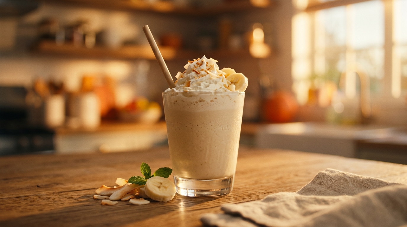 Finished banana coconut milkshake ready to enjoy