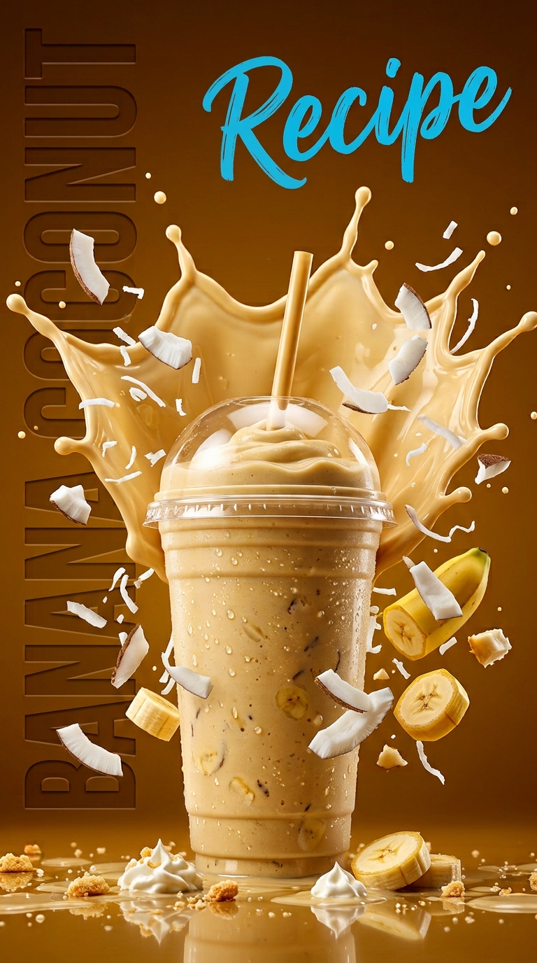 Creamy banana coconut milkshake topped with whipped cream and toasted coconut