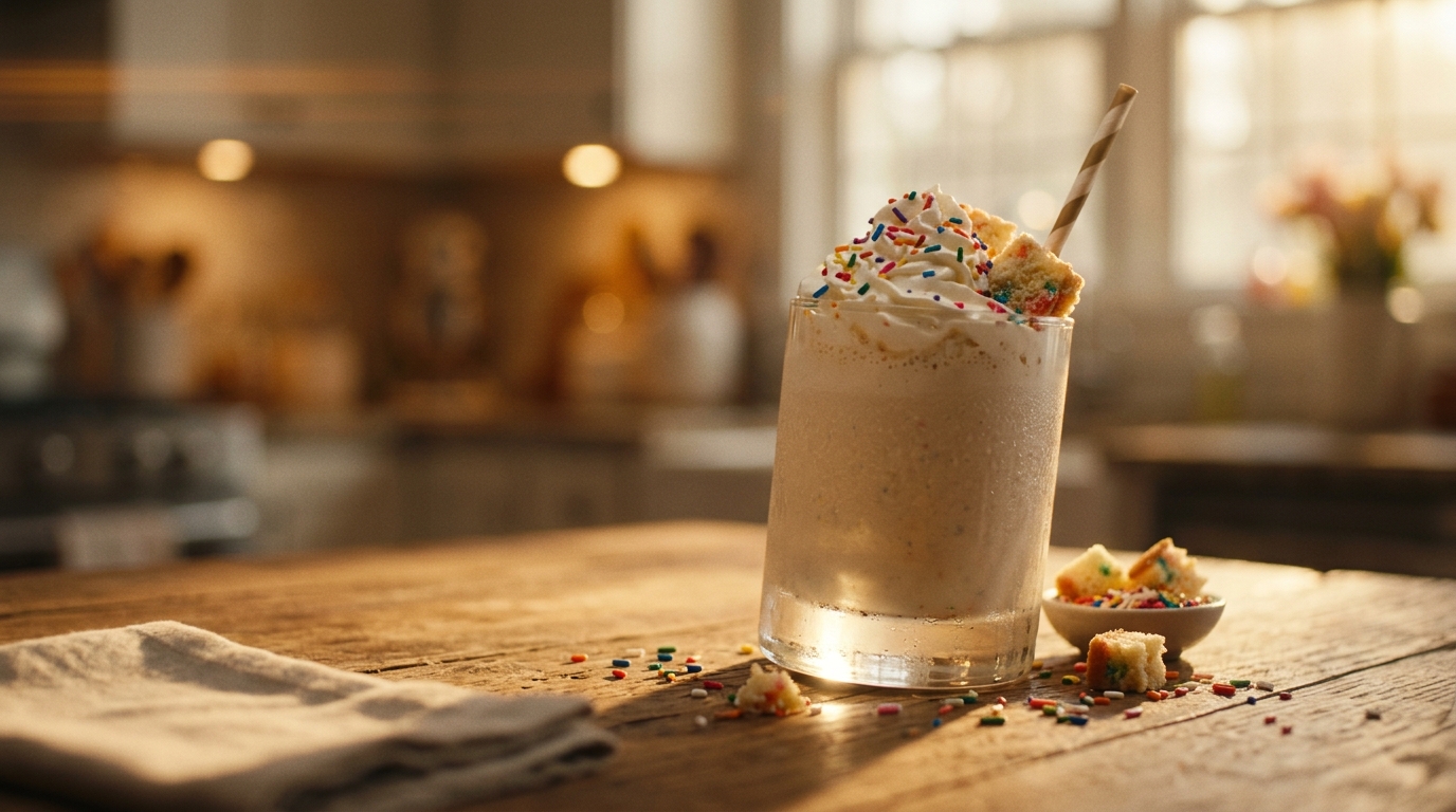 Finished birthday cake milkshake ready to enjoy