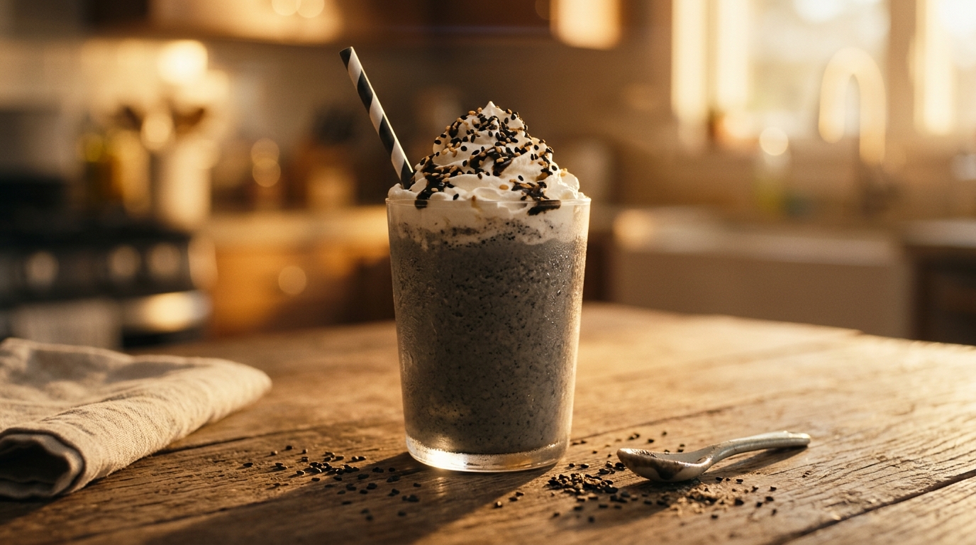 Finished black sesame milkshake ready to enjoy