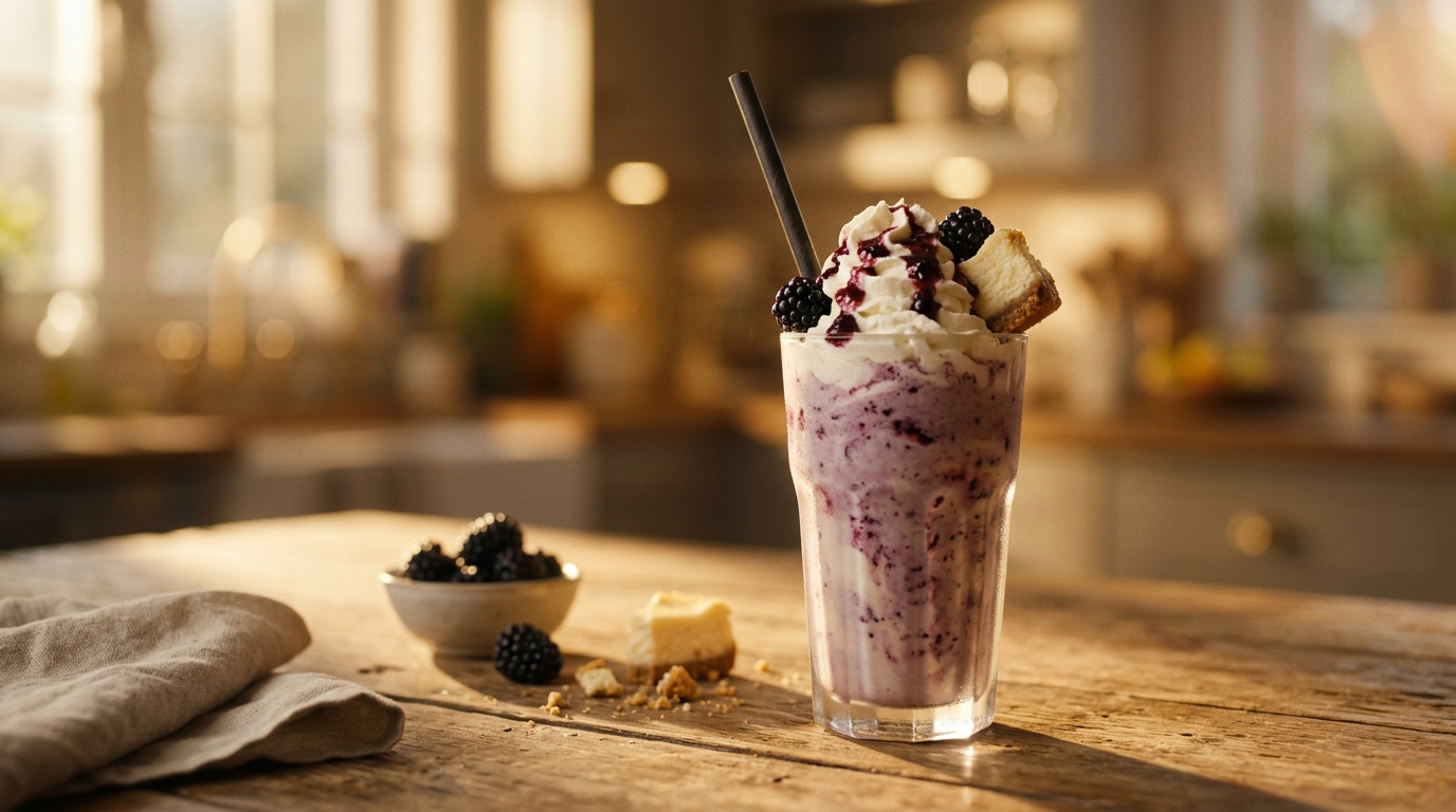 Finished blackberry cheesecake milkshake ready to enjoy