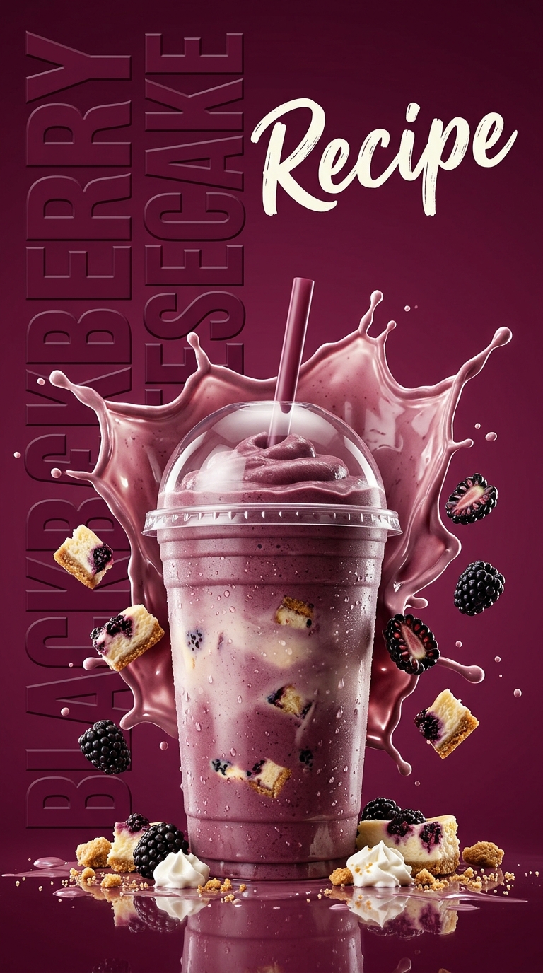 Deep purple blackberry cheesecake milkshake topped with whipped cream and graham crumbs