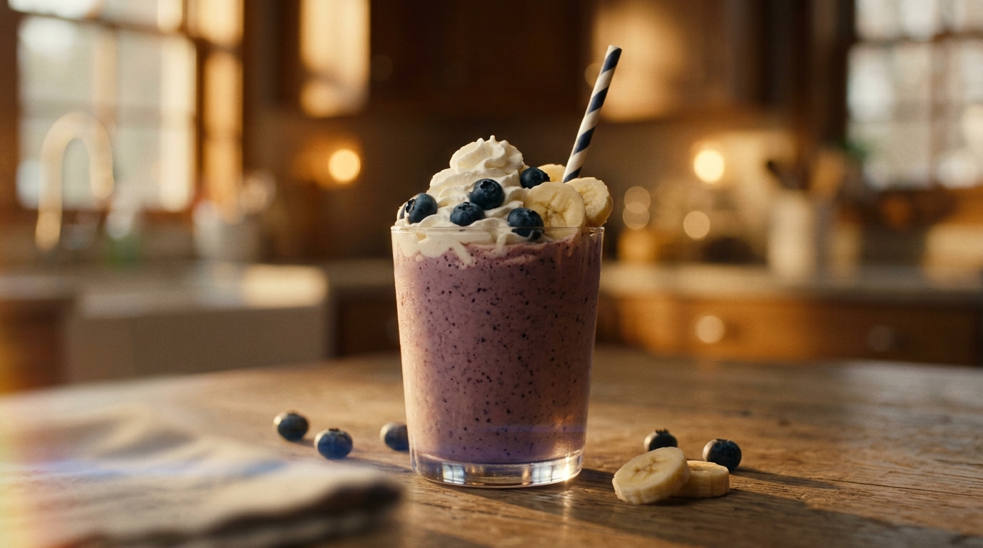 Finished blueberry banana milkshake ready to enjoy