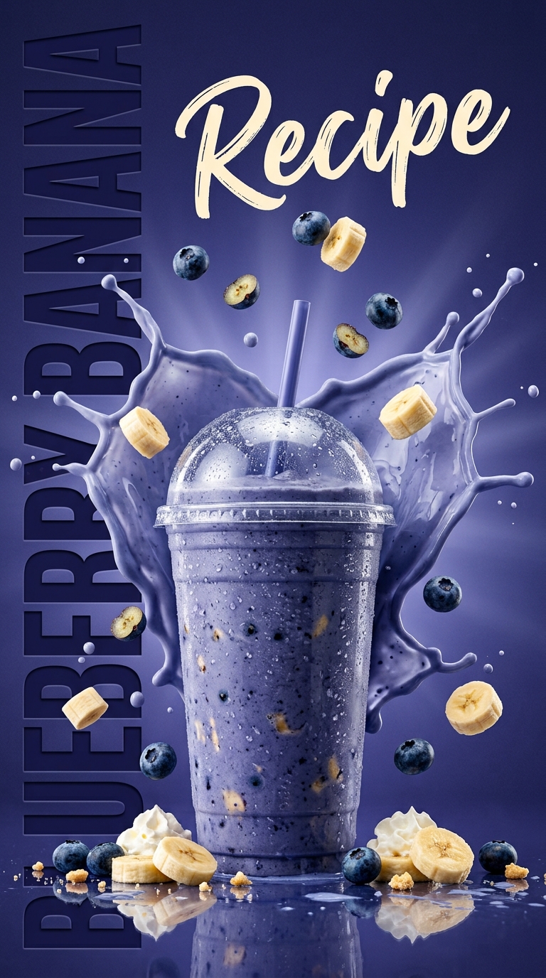 Creamy purple blueberry banana milkshake topped with whipped cream and blueberries