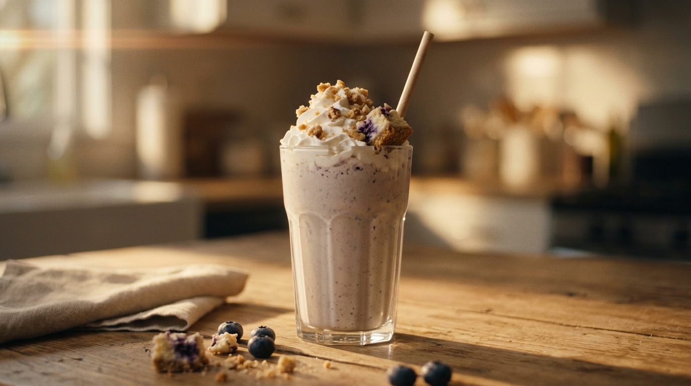Finished blueberry cheesecake milkshake ready to enjoy