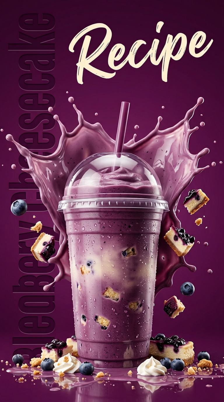 Lavender-blue blueberry cheesecake milkshake topped with whipped cream and graham crumbs
