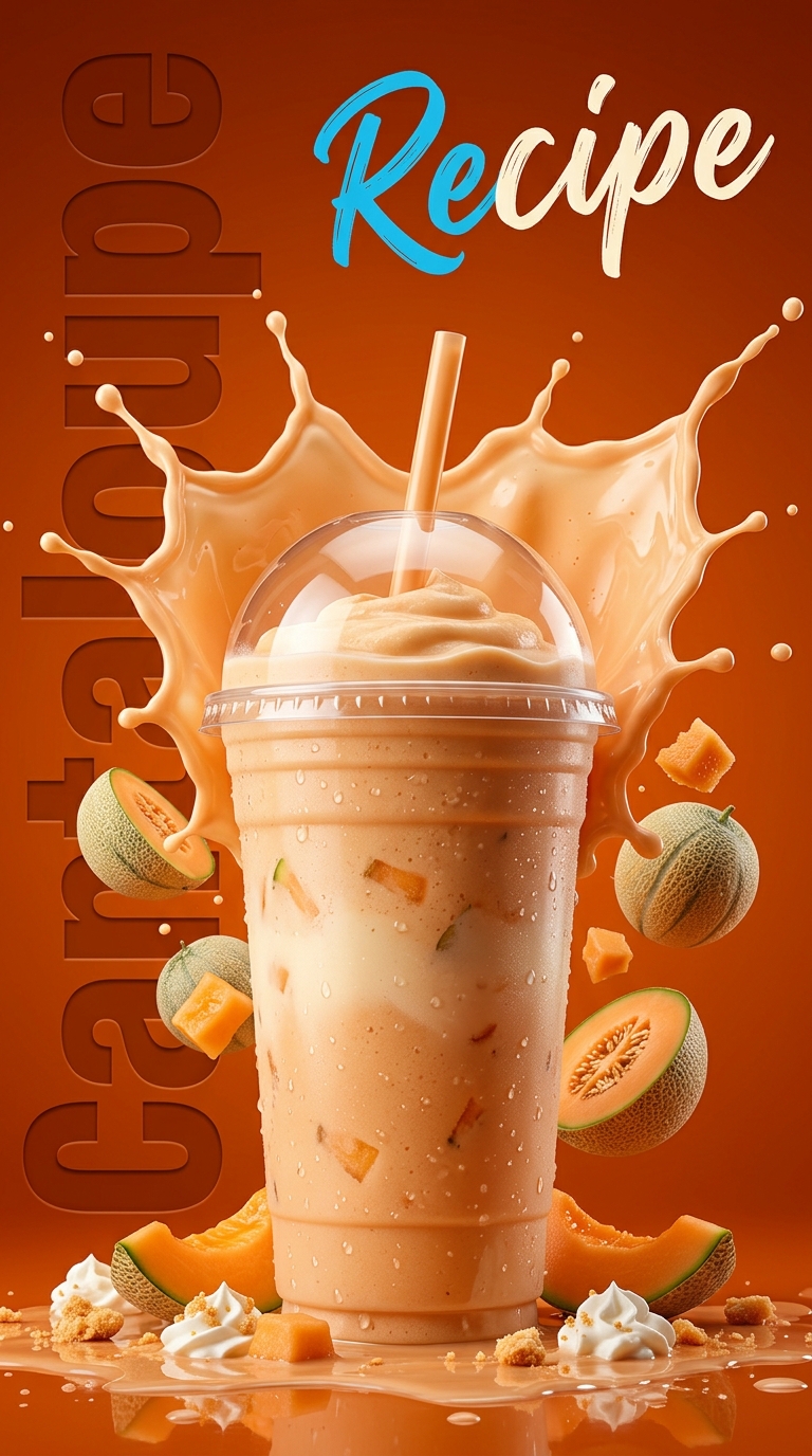 Creamy pastel-orange cantaloupe milkshake topped with whipped cream in a chilled glass
