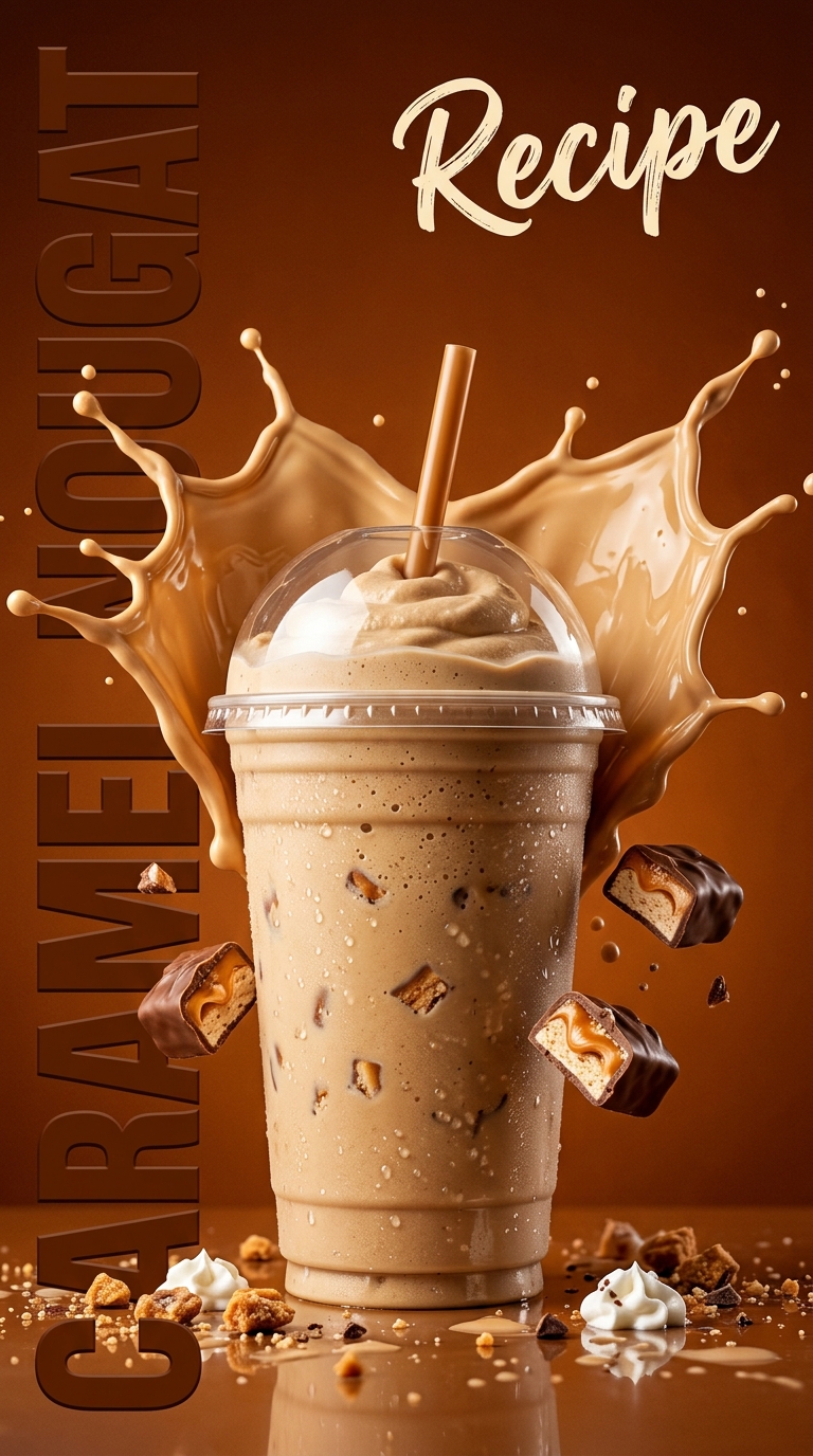 Creamy caramel nougat milkshake topped with caramel drizzle