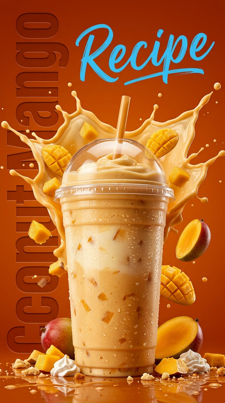 Creamy coconut mango milkshake topped with whipped cream and toasted coconut