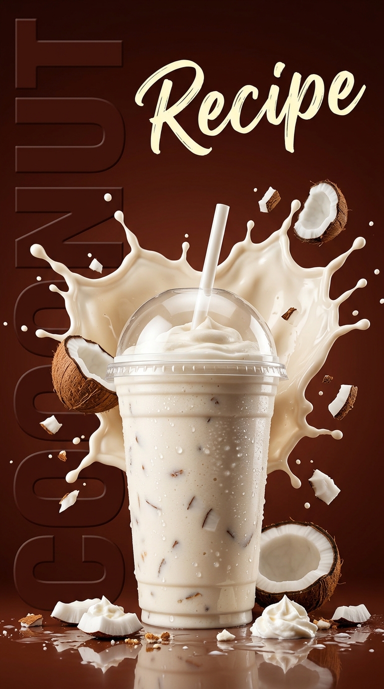 Creamy coconut milkshake topped with whipped cream and toasted coconut in a chilled glass