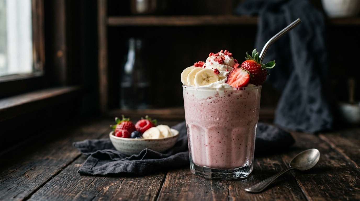 Finished simple strawberry banana milkshake in 5 minutes served