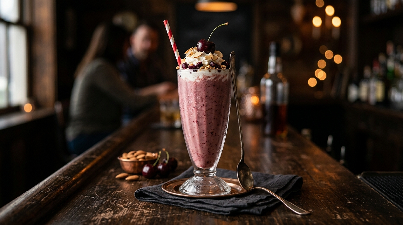 Finished classic cherry and almond milkshake served