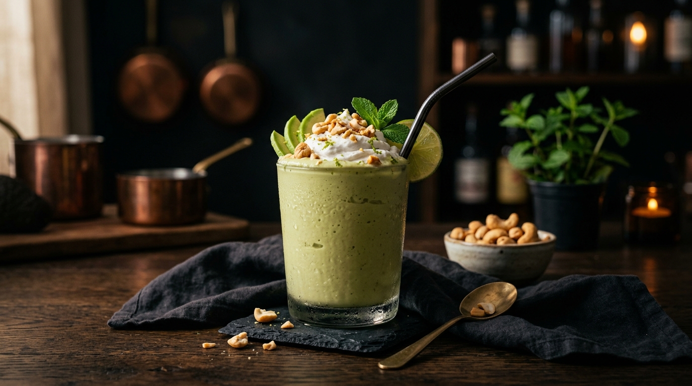 Finished creamy cashew avocado milkshake served