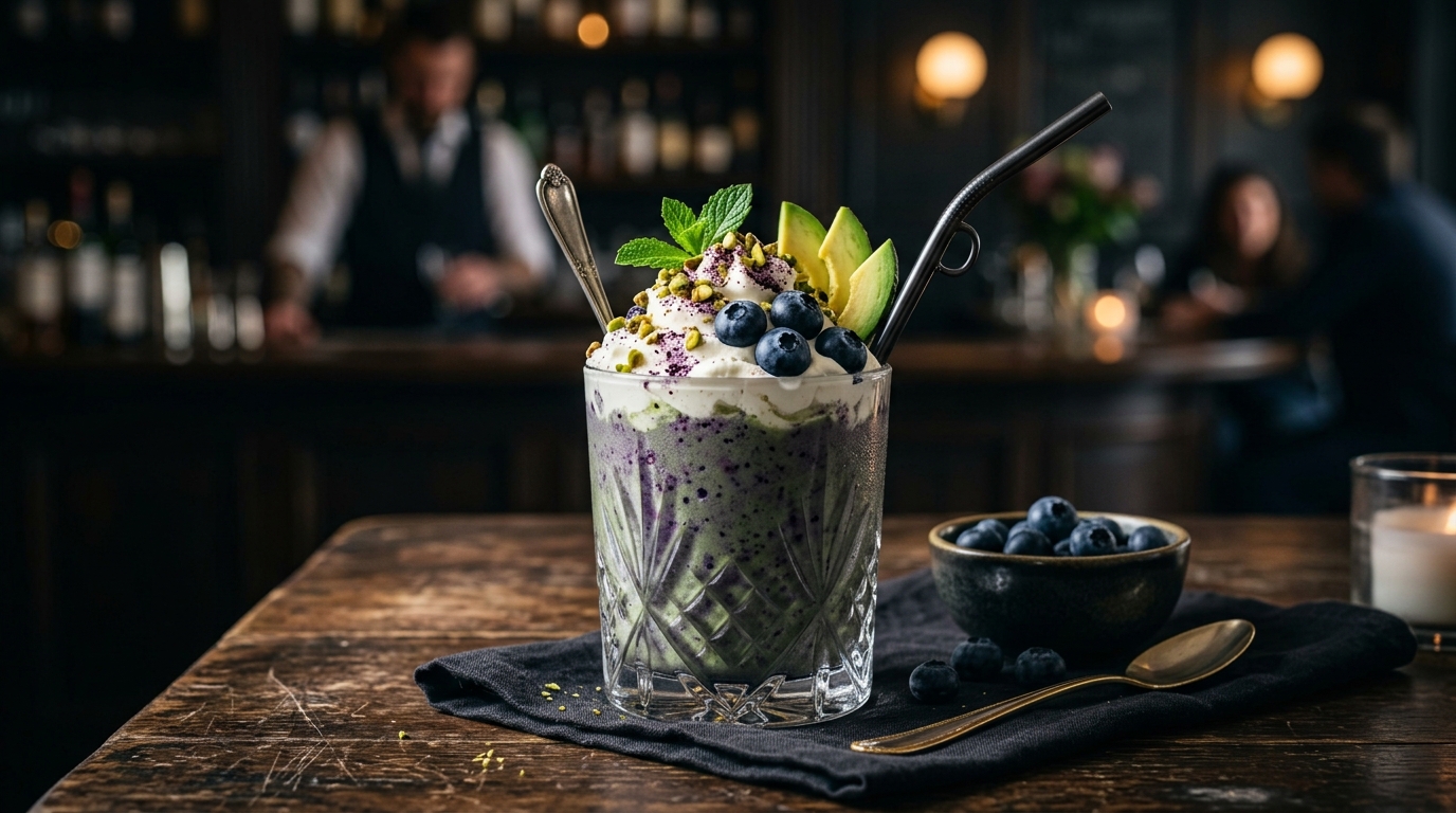 Finished luxurious avocado blueberry milkshake served