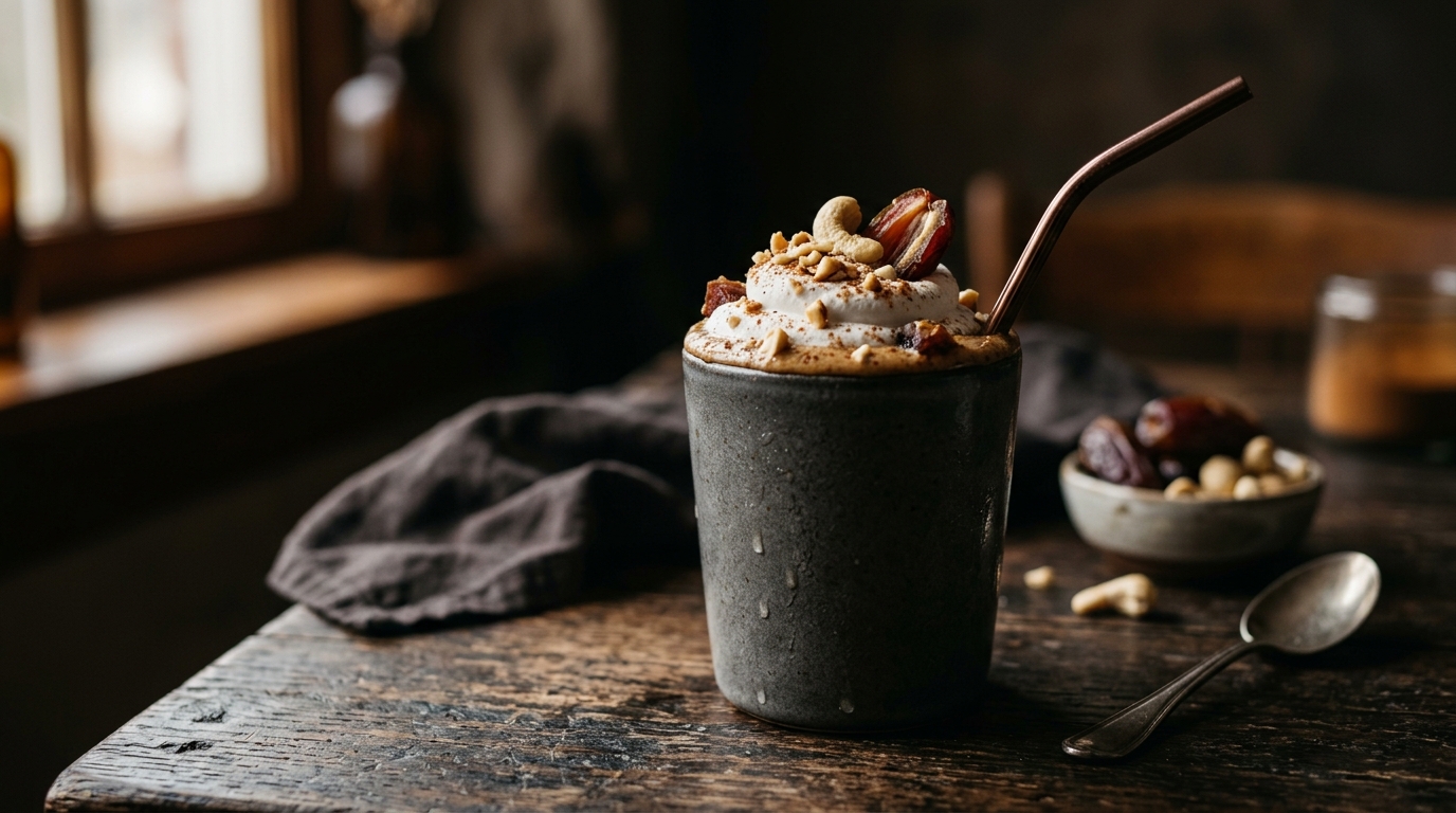 Finished delicious date cashew milkshake served
