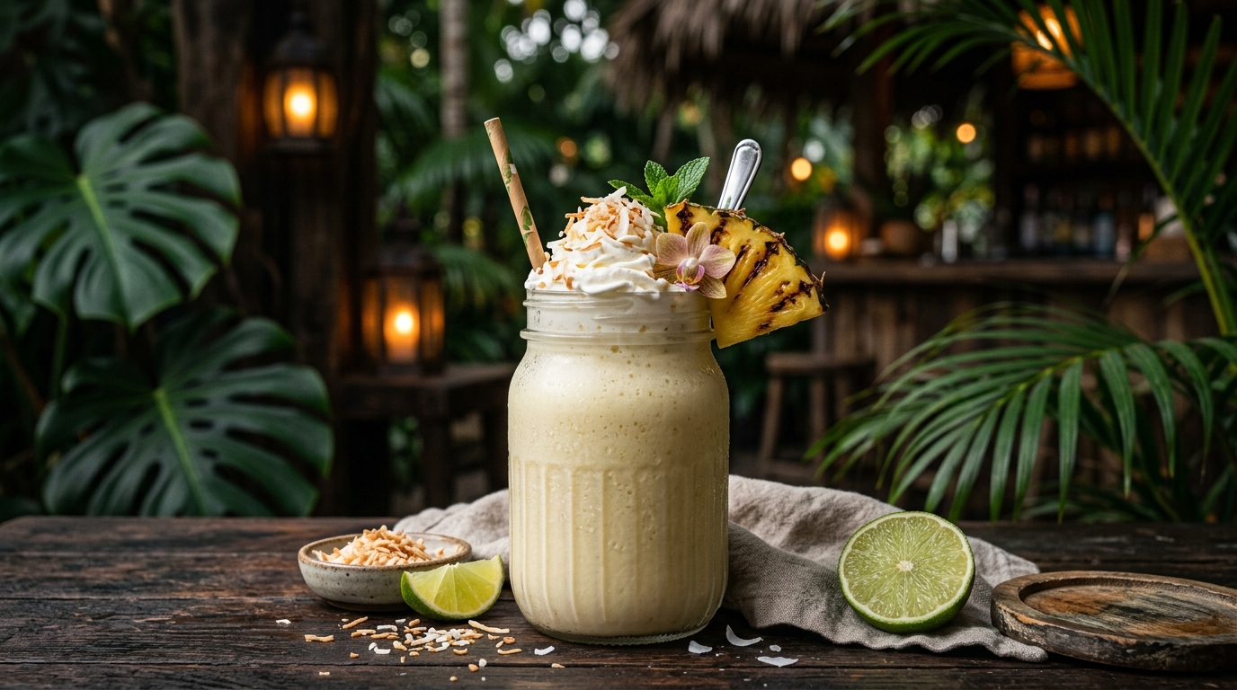 Finished tropical pineapple coconut milkshake served