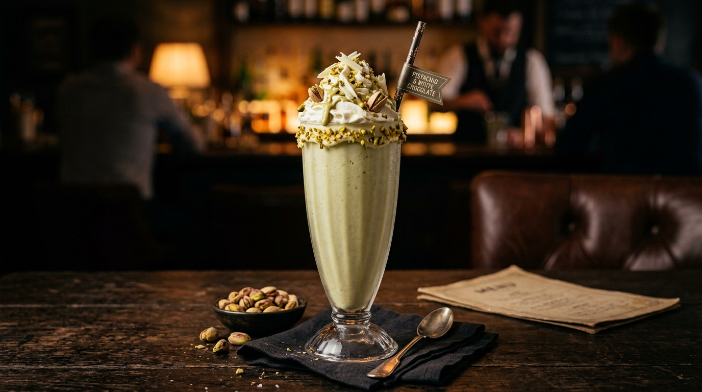 Finished smooth white chocolate pistachio milkshake served