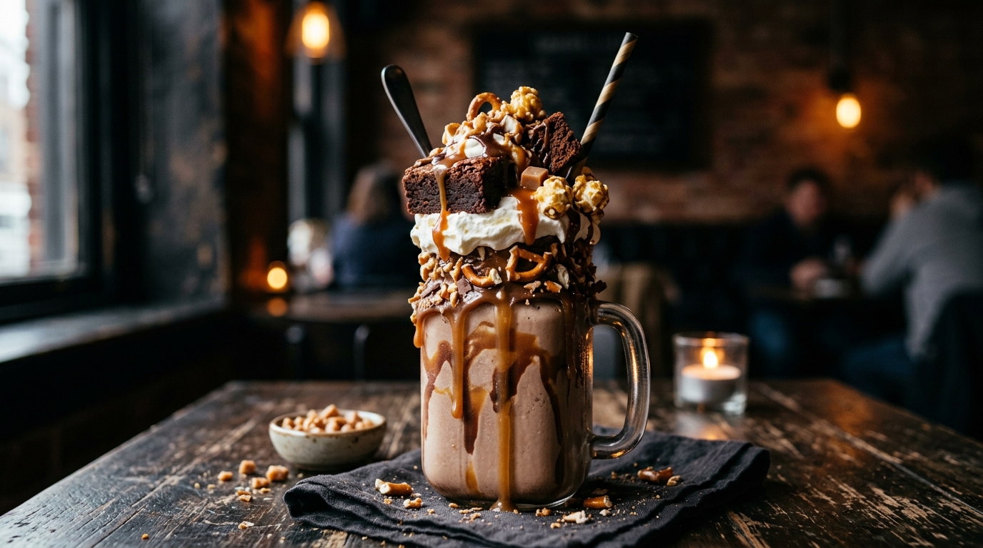 Finished salted caramel brownie freakshake served
