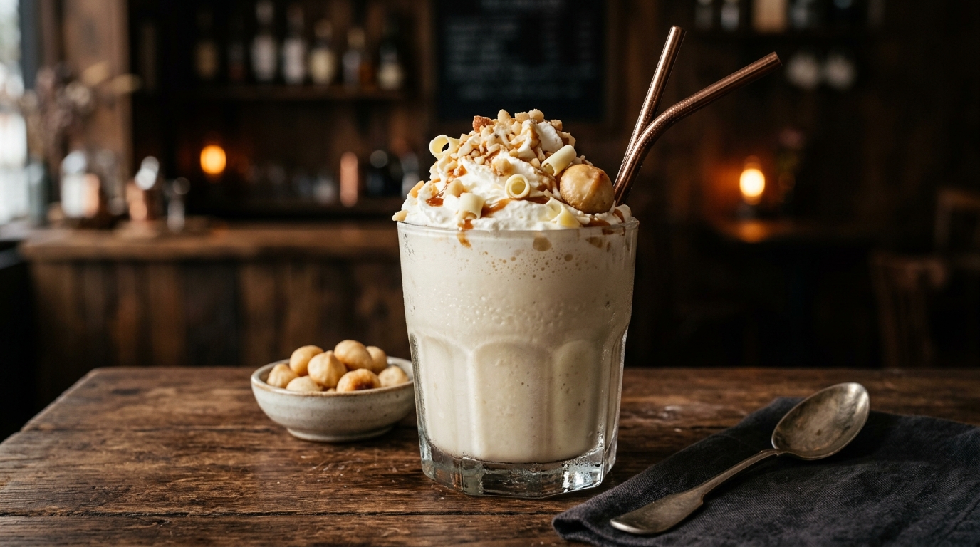 Finished velvety white chocolate macadamia milkshake served