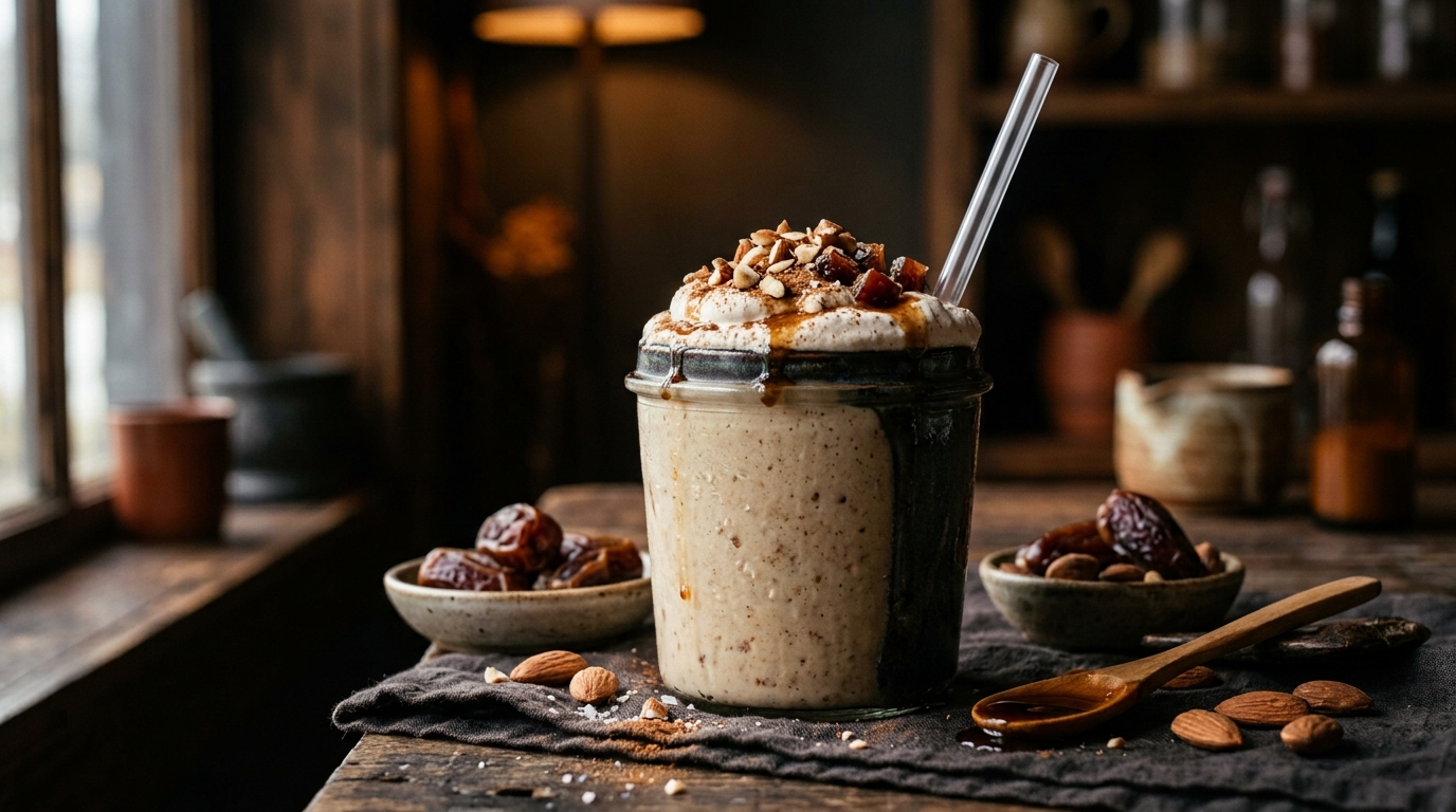 Finished nutty date almond milkshake served