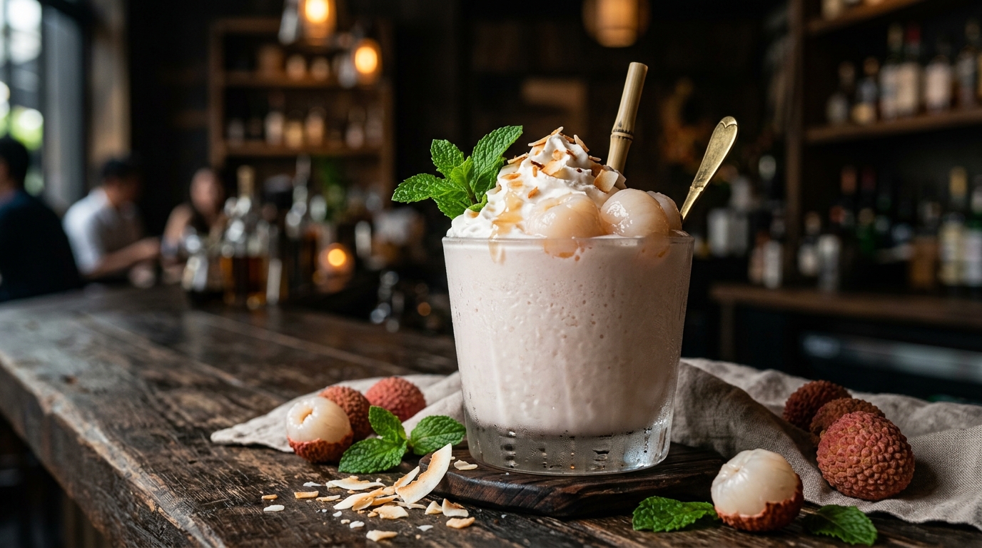 Finished exotic lychee coconut milkshake served