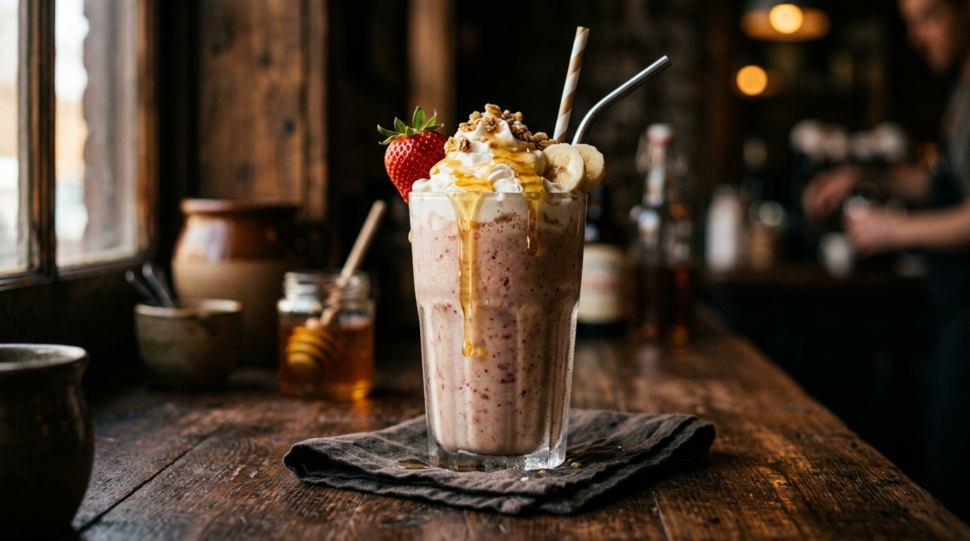Finished strawberry banana milkshake with honey drizzle served