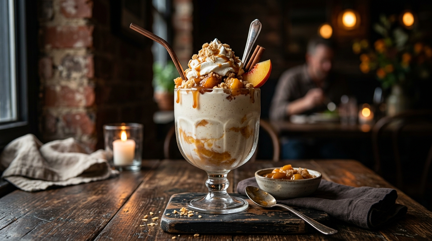 Finished peach cobbler vanilla milkshake served
