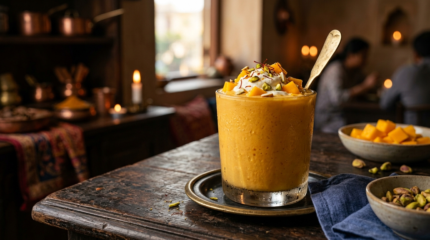 Finished indian mango lassi milkshake served