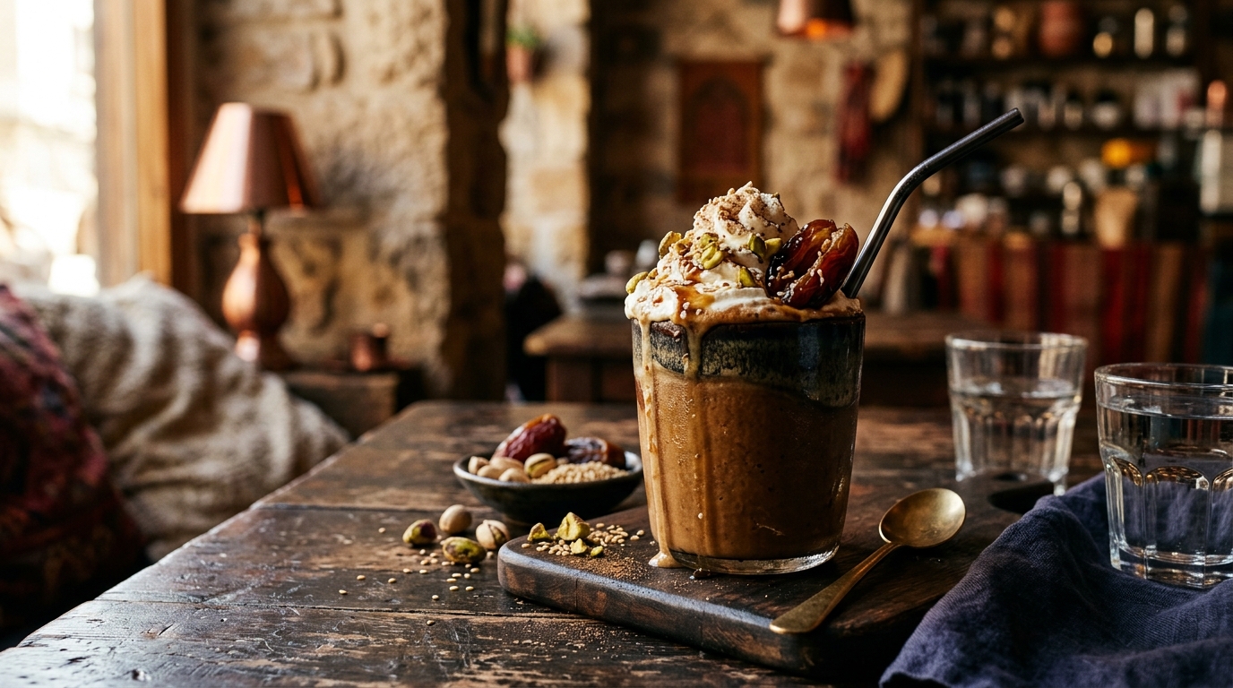 Finished middle eastern date and tahini milkshake served