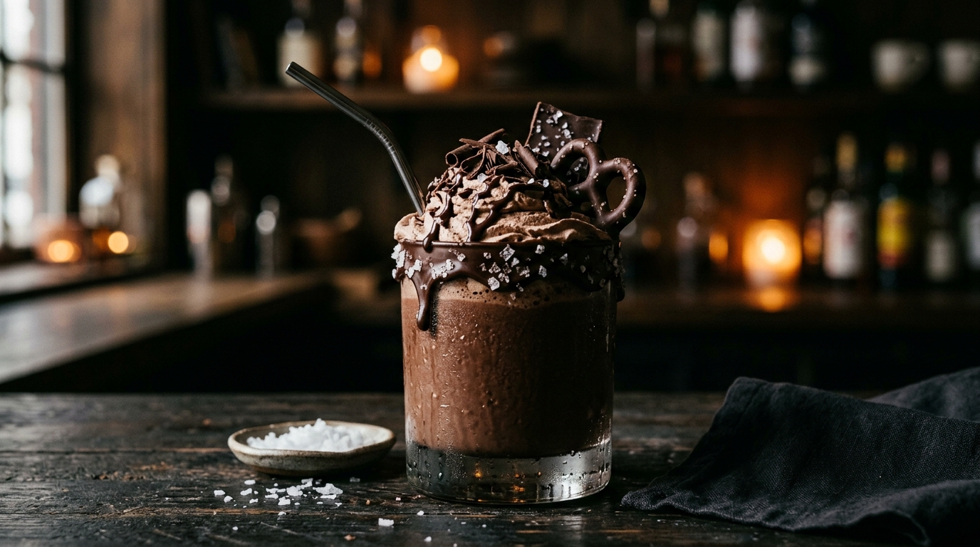 Finished decadent dark chocolate milkshake with sea salt served