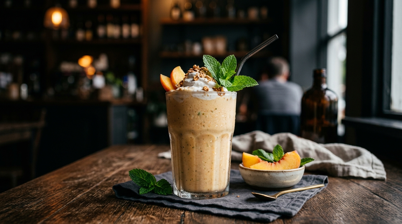 Finished refreshing peach mint vegan milkshake served