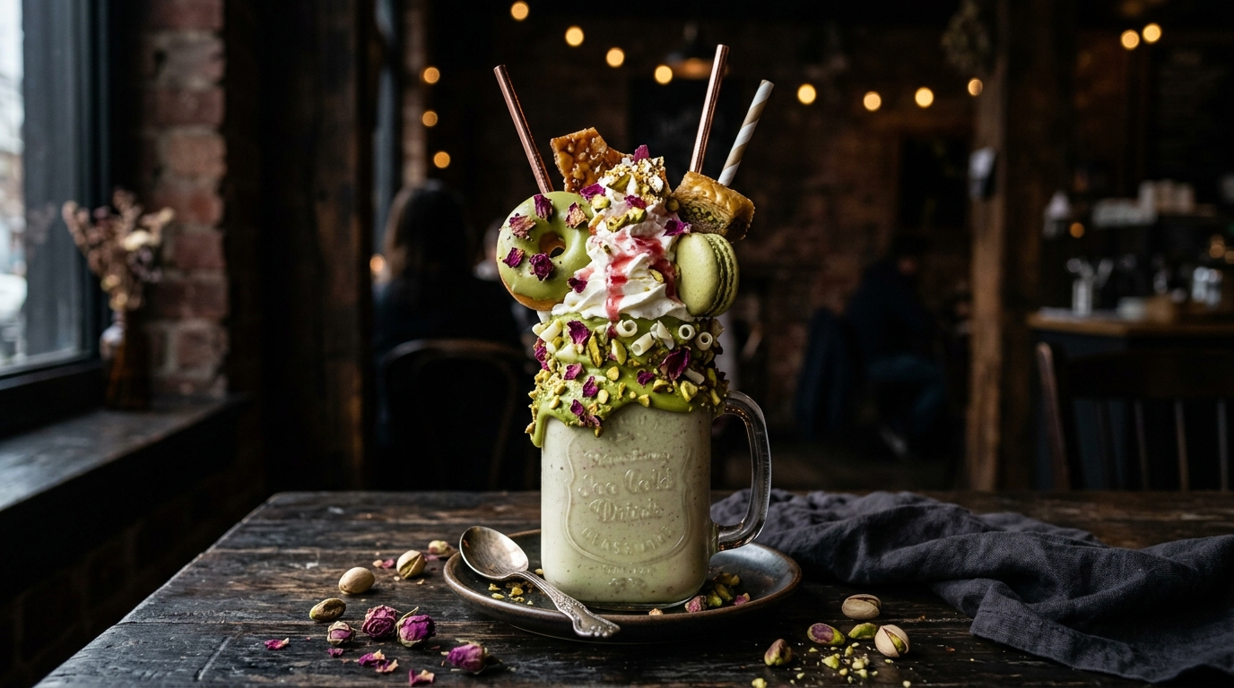 Finished loaded pistachio rosewater freakshake served
