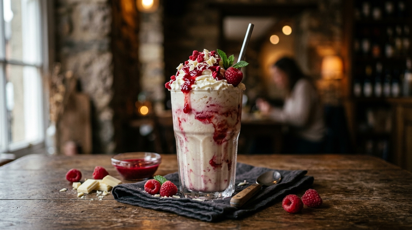 Finished white chocolate raspberry milkshake served