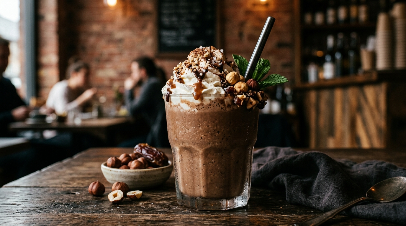 Finished high-protein hazelnut date milkshake served