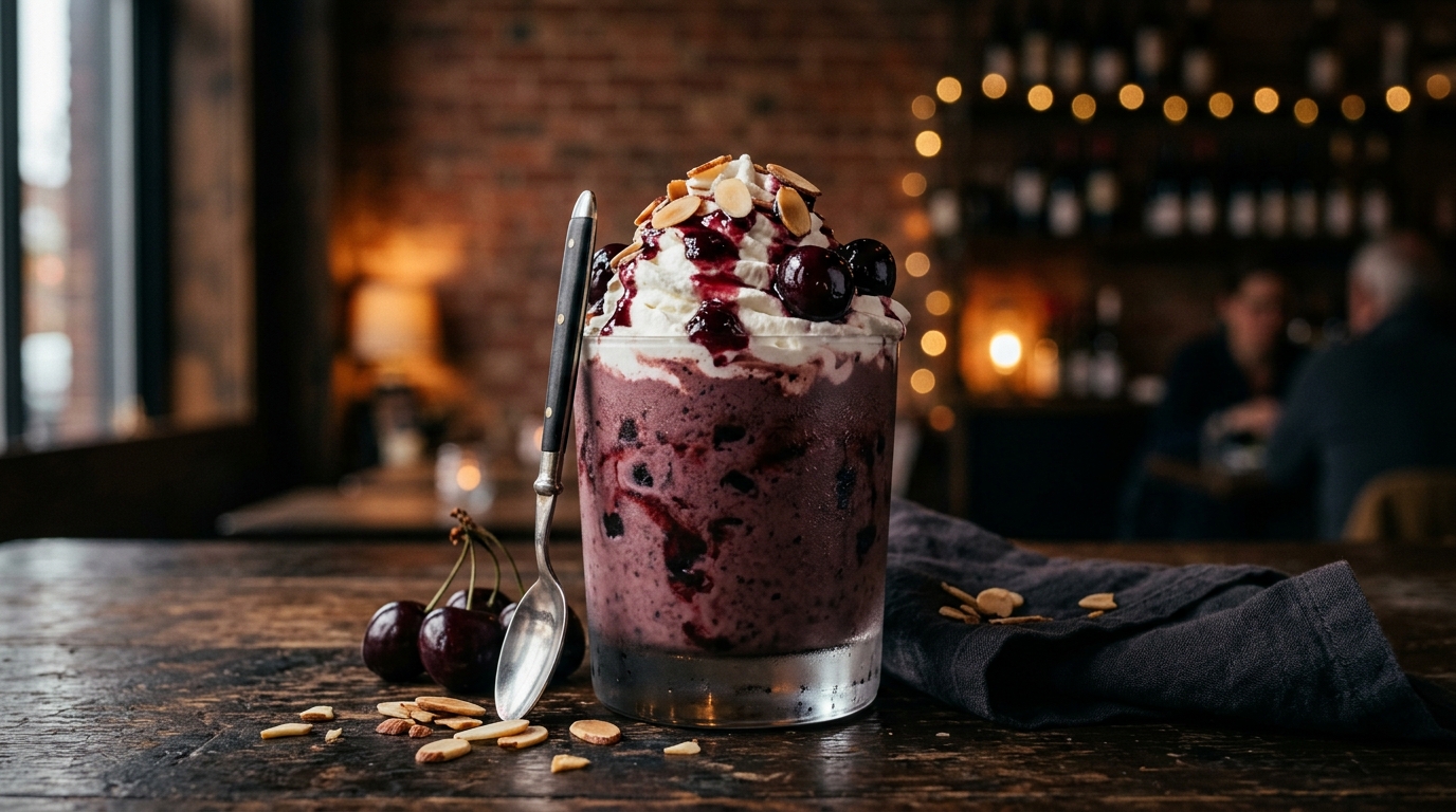 Finished rich dark cherry almond milkshake served